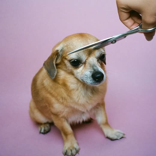 A hand scissor-trimming a small dog's coat
